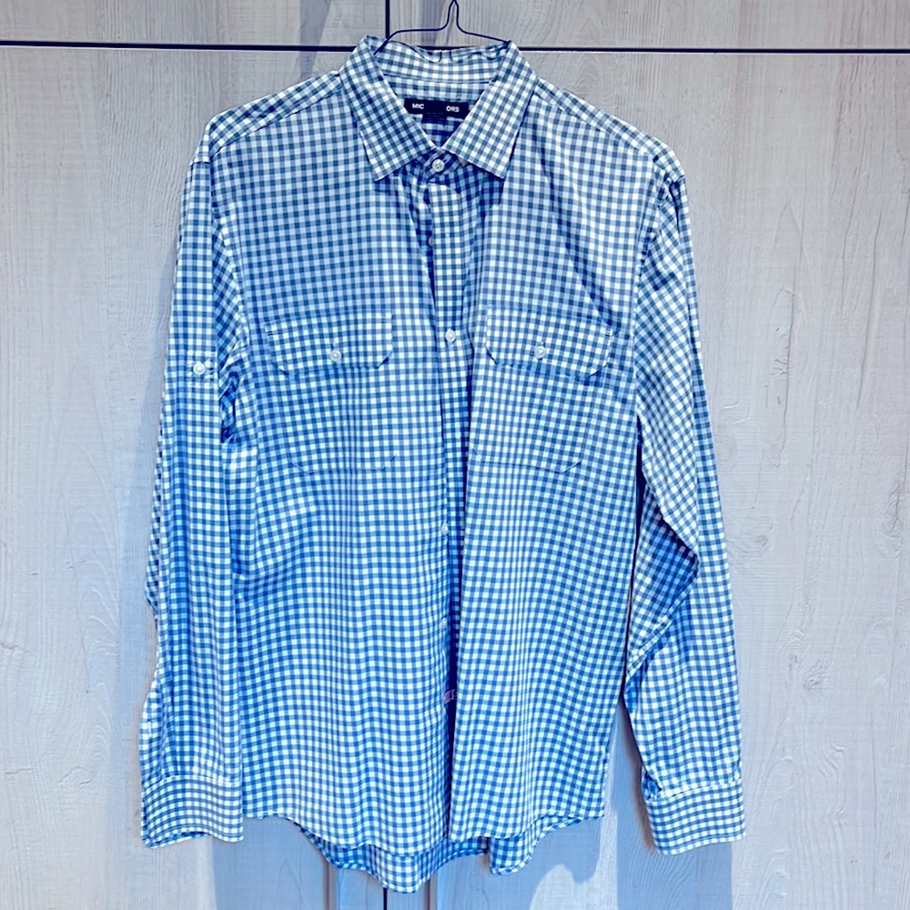 Michael Kors Mens Gingham Roll Sleeve Shirt - Large Regular Fit